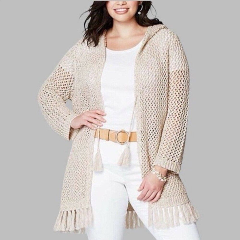 J.Jill Women’s Cream Crochet Knit Hooded Fringe Cardigan | Medium